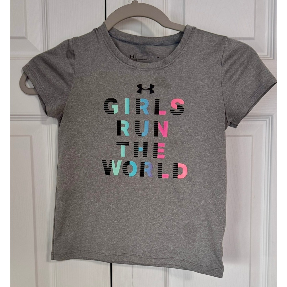 Under Armour Girls Graphic T-Shirt Gray Short Sleeve Girls Run The World Size 6X